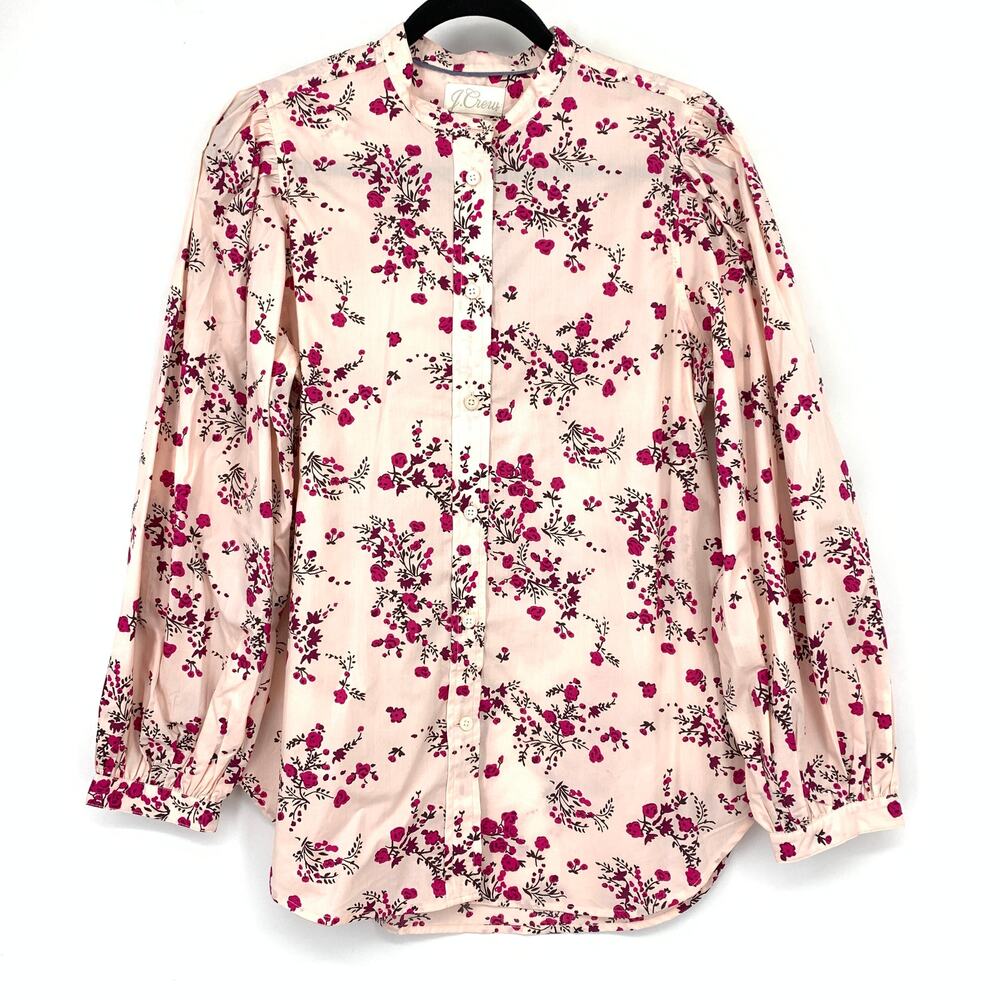 J.Crew Classic Collarless Puff Sleeve Shirt Size 8 In Budding Floral Print Pink
